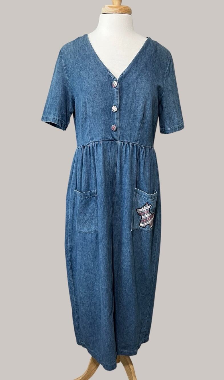 Vintage 90s Denim Maxi Dress Scottish Terrier Patch Prairie W/ Pockets Sz 8